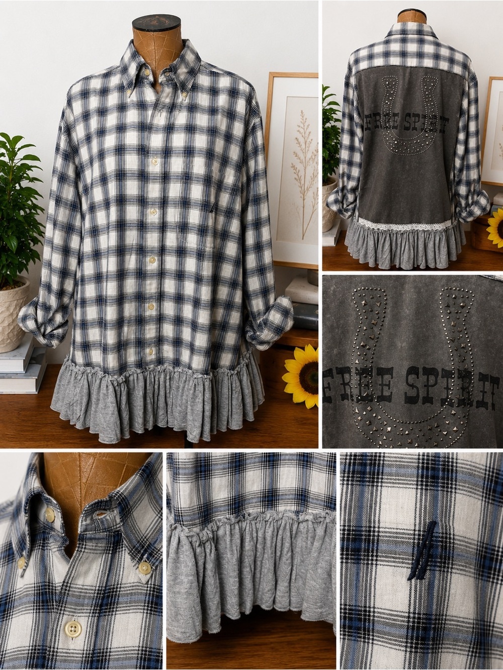Upcycled Nautica Free Spirit Plaid Shirt Boho Western Ruffle Tunic One of a Kind